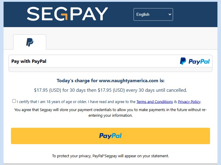 PayPal not available message on adult site