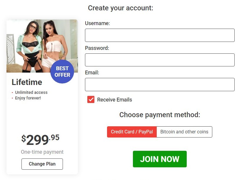 PornCornVR signup form with Credit Card and PayPal selected as the payment method on the lifetime plan